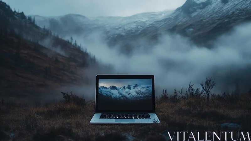 Photographic minimalism with laptop framed by misty mountains.