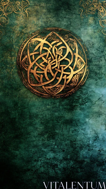 Ornate gold Celtic knot medallion on distressed teal ground.