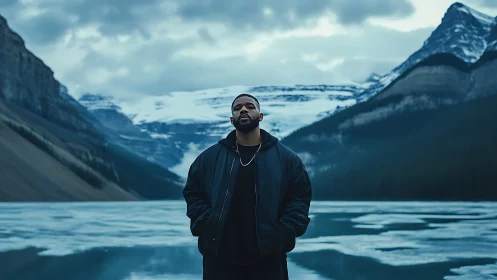 Solitary wanderer on icy lake beneath brooding peaks.