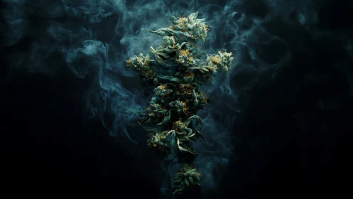 Suspended cannabis inflorescence with enveloping smoke plume.