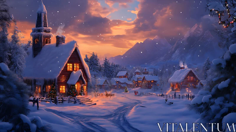 Cozy winter village glowing with warm lights at sunset.
