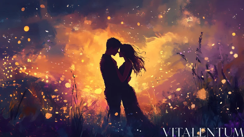 Silhouetted Couple Embracing in Golden Firefly Light