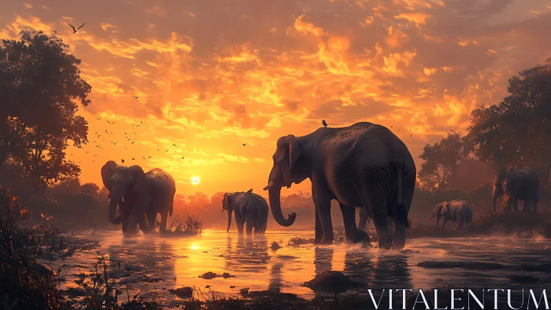 Golden sunset welcomes a gentle elephant family at the river