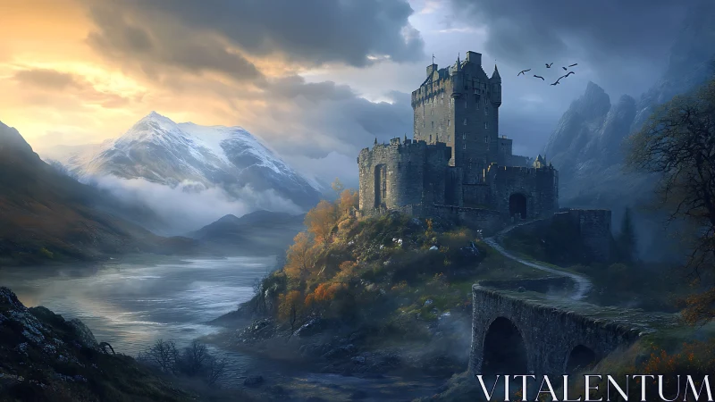 Digital painting of mist-laden highland castle at sunrise.