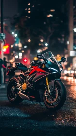Sport motorcycle glows against neon city nightlife backdrop.