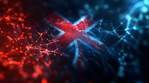 Futuristic UK Flag with Digital Network and Neon Light Effects.