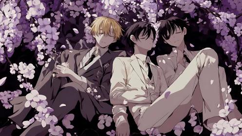 Three suited boys rest under violet cherry blossoms.