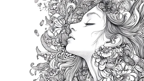 Dreaming profile exhales gardens of intricate ink flora