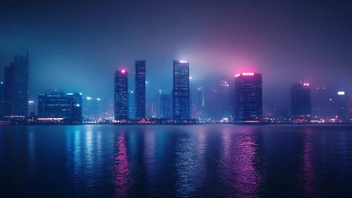 Neon tide kisses a misty skyline of electric high-rise towers.