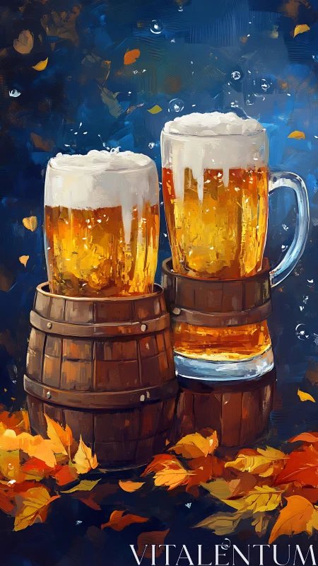 Autumn beer mugs on rustic barrels in painterly style.
