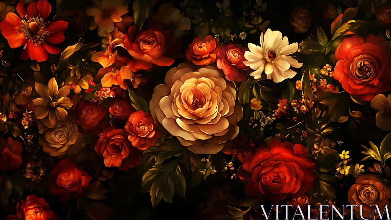 Floral Abundance on Black. Golden Roses Dominate Dark Composition.
