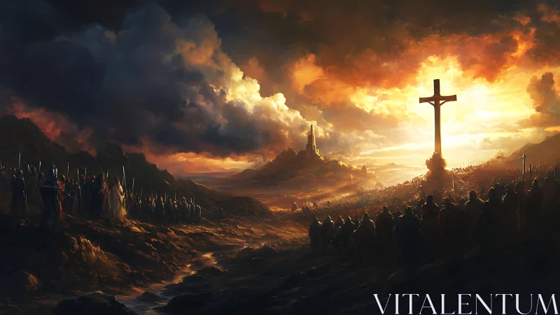 Crusader armies converge beneath burning apocalyptic sky.