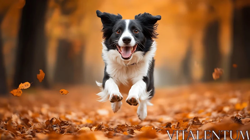 Border collie sprints through vibrant golden autumn leaves.