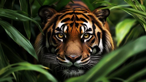 Photorealistic tiger portrait framed by dense jungle foliage.