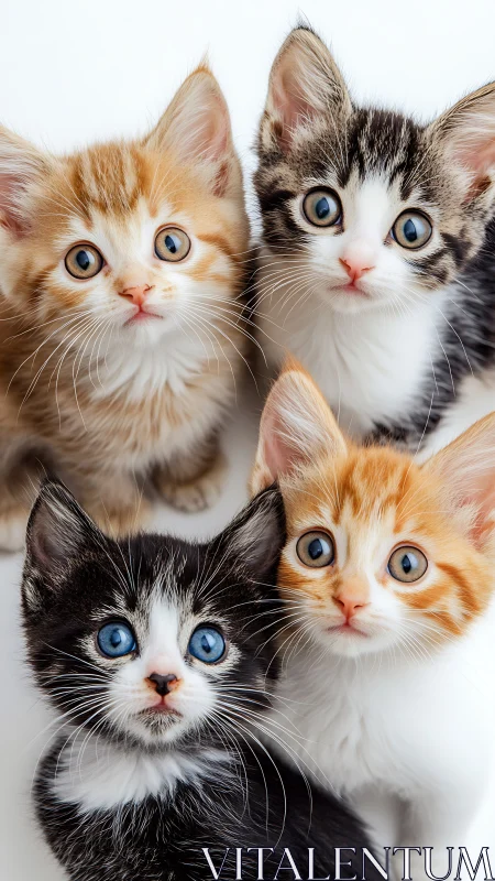 Four Juvenile Cats with Distinctive Ocular Features and Multicolored Pelage Against White Background