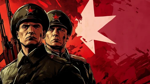 Soviet soldiers in bold red propaganda poster style.