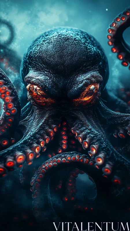 Menacing deep sea octopus with glowing red eyes and limbs.