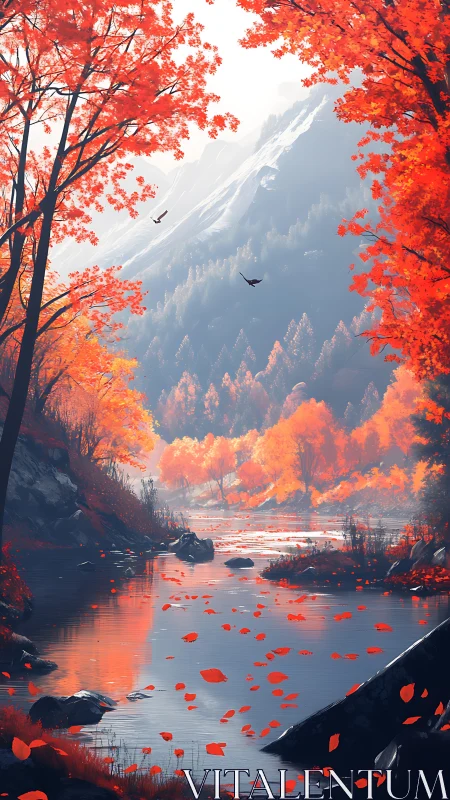 High-altitude autumn valley with reflective river channel