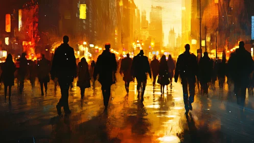 Golden city stroll with glowing silhouettes and soft lights.