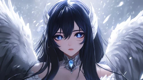 High-detail winged anime girl with luminous eyes and icy plumage