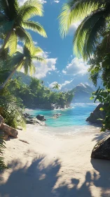 Tropical beach cove with palm fronds, sandy shore, turquoise water.