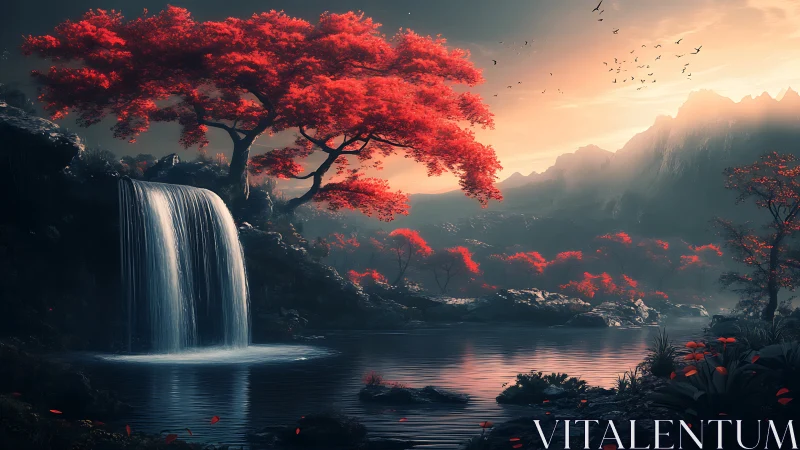 Enchanted red forest waterfall glowing in soft evening light.