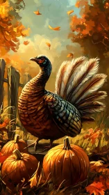 Autumn monarch turkey amid pumpkins and swirling gold leaves.