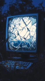 Broken CRT monitor in overgrown field at dusk.