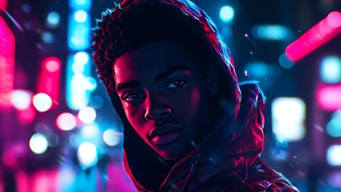 Neon-hooded teen portrait under glowing cyberpunk lights.