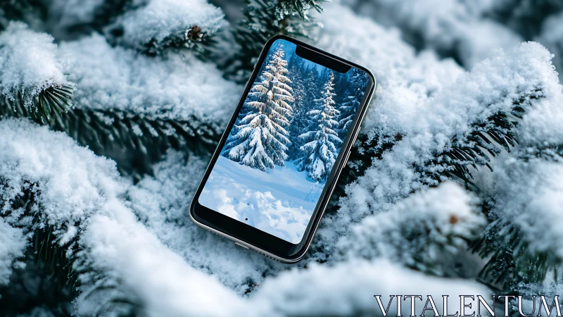 Smartphone on snow-covered fir branch displays mirrored winter forest