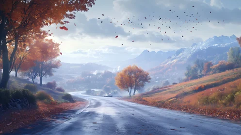 Mountain road curves through luminous autumn valley