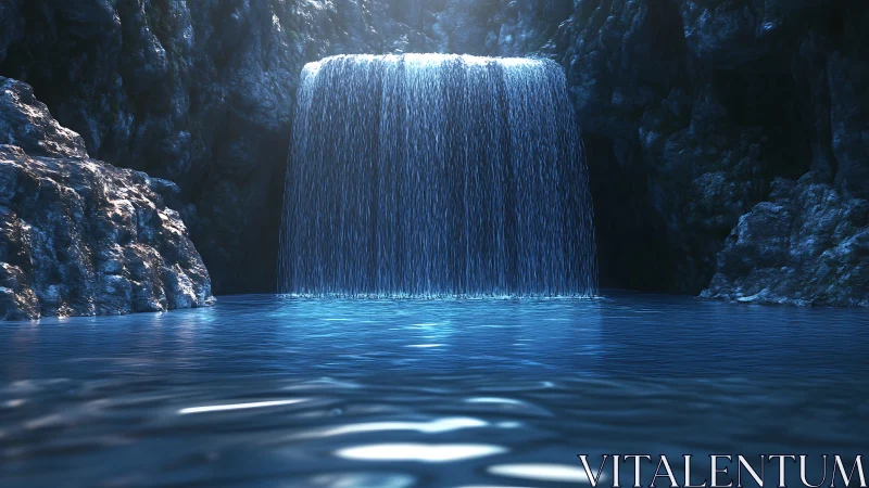 Luminous subterranean waterfall in crystalline blue cavern.