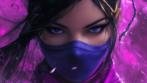 Masked violet-eyed warrior rendered in high-detail digital painting