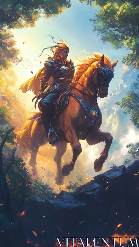 Elven rider charges through sunlit enchanted forest trail.