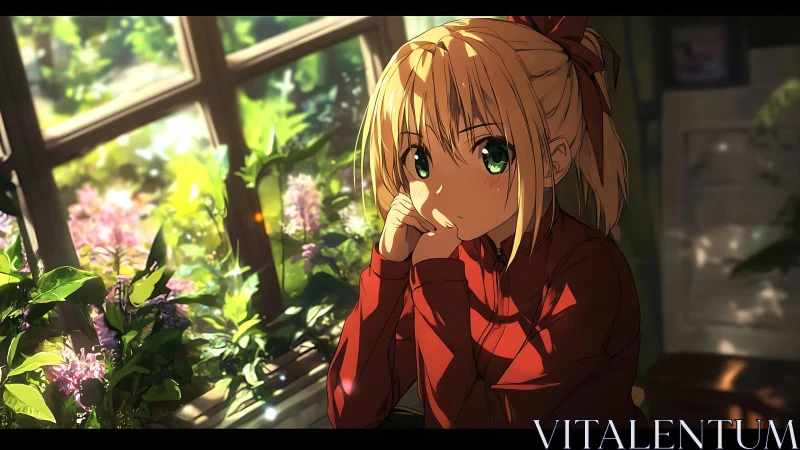 Backlit anime girl in red sweater framed by sunlit foliage