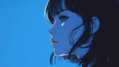 Side profile of contemplative anime girl on blue background.