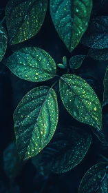 Close view of wet green leaves with water droplets at night.