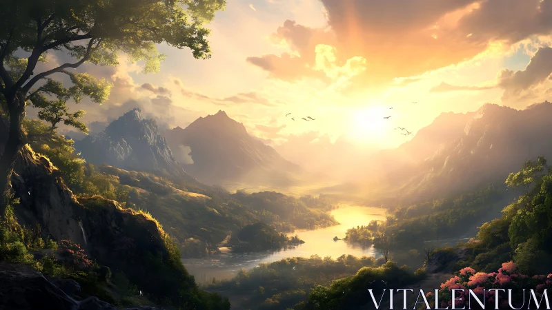 Sunrise river valley crowned by storybook sapphire peaks.