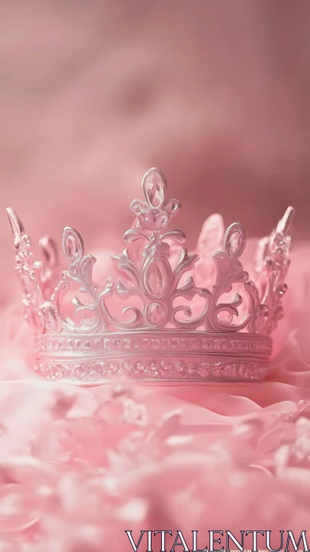 Pink crystal tiara sits centered on pale fabric background with soft focus