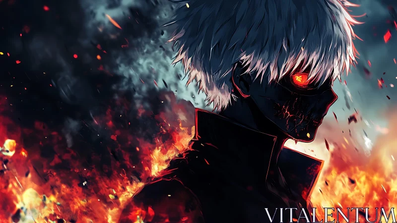 Fiery masked antihero walking through a storm of embers.