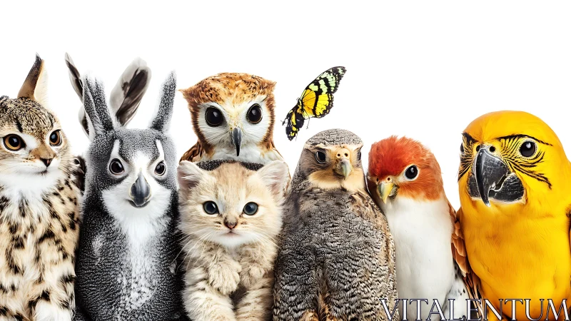 Surreal Animal Lineup with Cats, Birds, and Butterfly on White.