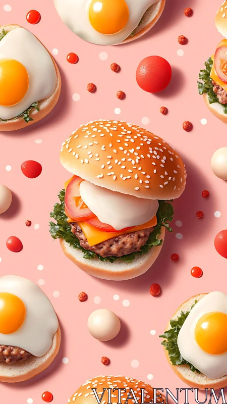 3D fried egg burgers with sesame buns on pastel pink backdrop