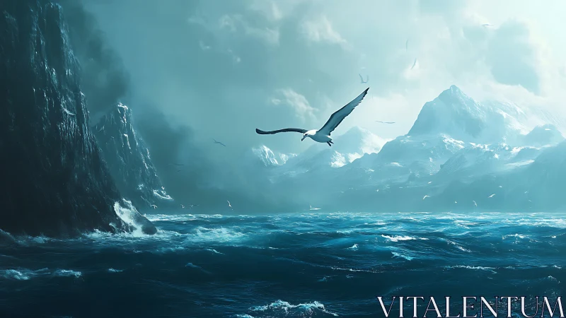 Lone sea bird glides between storm cliffs and icy mountains.
