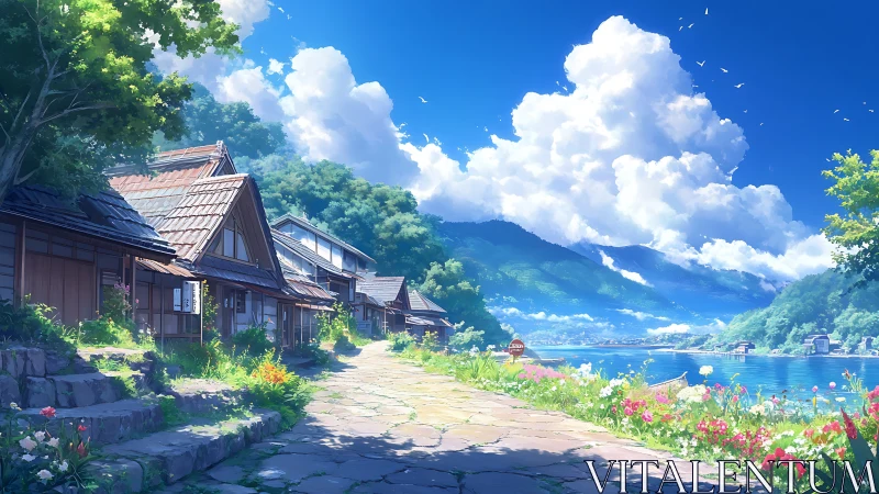 Sunlit lakeside village path under cumulonimbus cloud formations