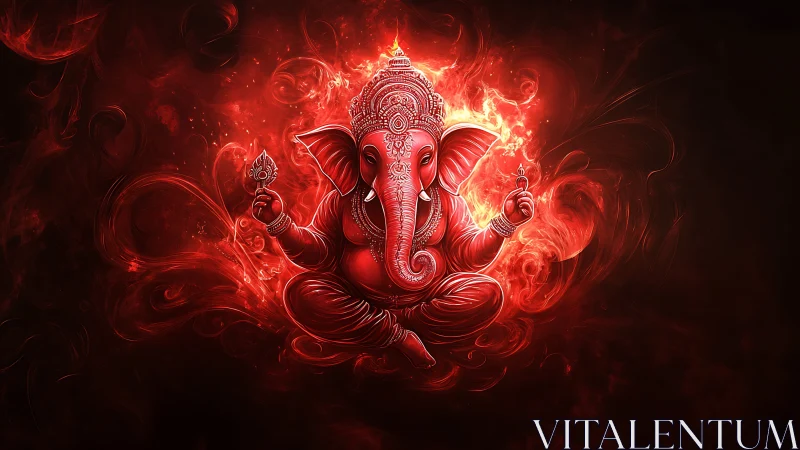 Radiant red Ganesha emerges from swirling cosmic flames