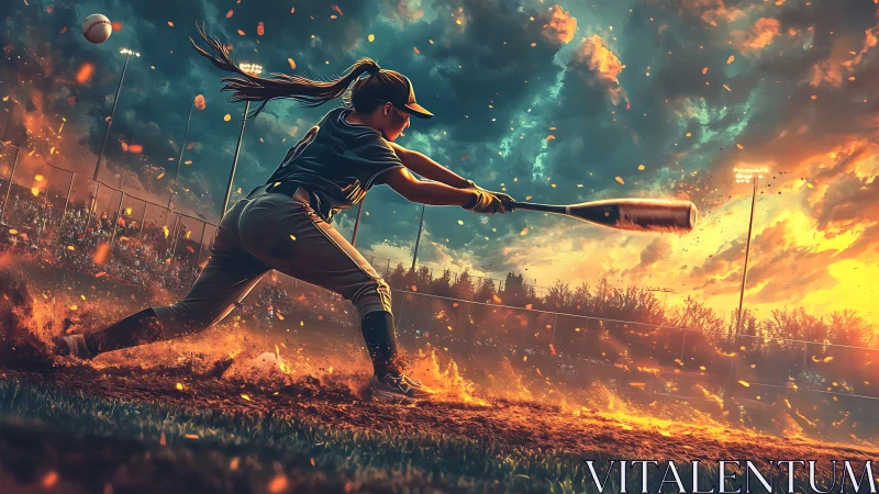 Softball slugger carves a comet trail through molten dusk