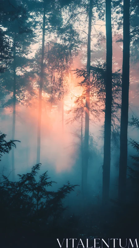 Mystic Forest Awakens. Silhouetted Pines Pierce Luminous Mist.