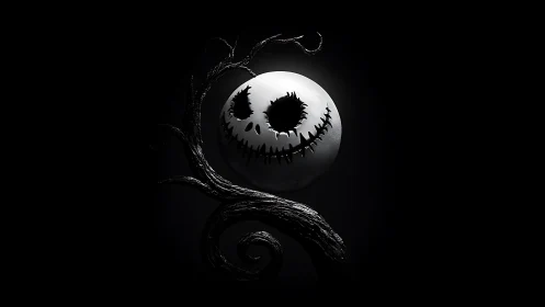 Grinning skull-like moon behind twisted dark branch form.