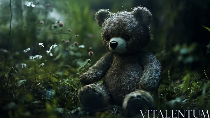 Weathered plush teddy bear rendered in moody forest light
