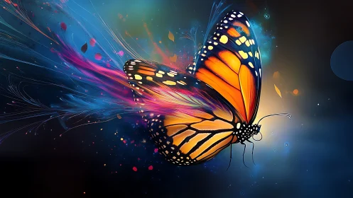 Radiant butterfly gliding through streams of swirling color.